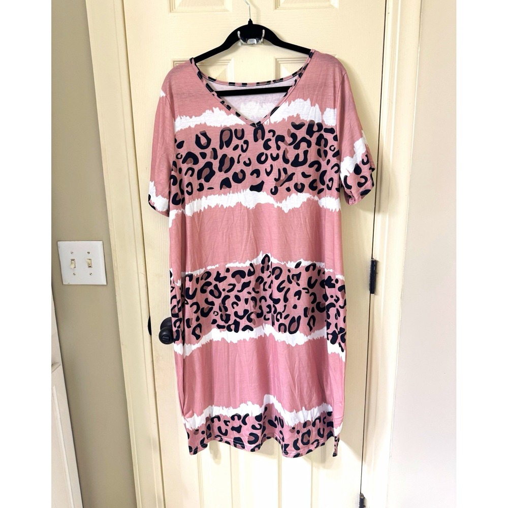 Amazon Pink Leopard Animal Print V-Neck Short Sleeve Knit T-Shirt Dress 2X